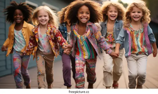 Five happy multiracial girls holding hands and walking together