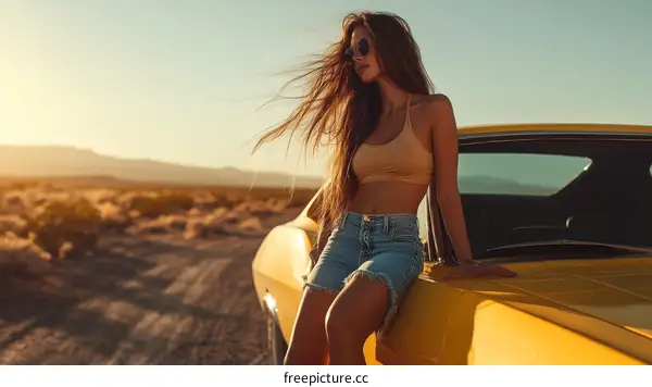 A Woman Leaning on a Classic Yellow Car