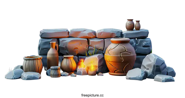 [Transparent Background PNG]Stone Wall with Clay Pots and Fire
