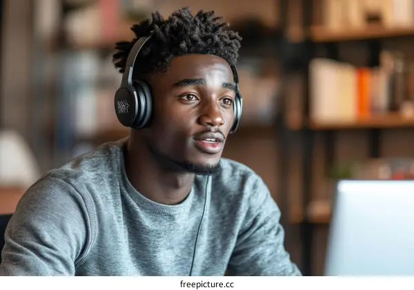 Focused Young Man Listening to Music with Headphones