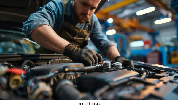 Car mechanic fixing a car engine