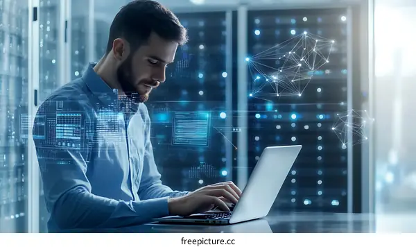 Focused Technician Working in Server Room