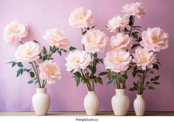 Soft Pink Peonies in Ceramic Vases on Blush Background