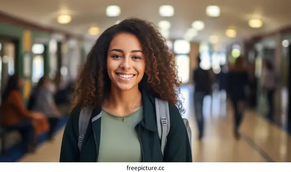 Smiling young woman with curly hair standing in a hallway