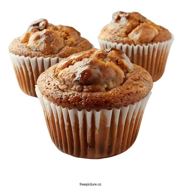 [Transparent Background PNG]Three raisin bran muffins on a white background