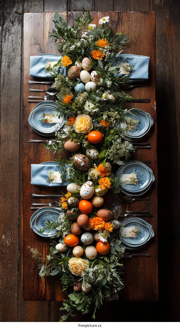 Easter Table Centerpiece Decorated with Eggs and Flowers