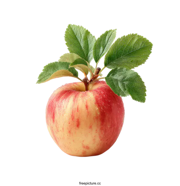 [Transparent Background PNG]Fresh Red and Yellow Striped Apple with Leaves