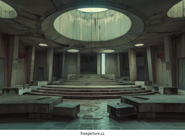 Rundown concrete building with a large oculus