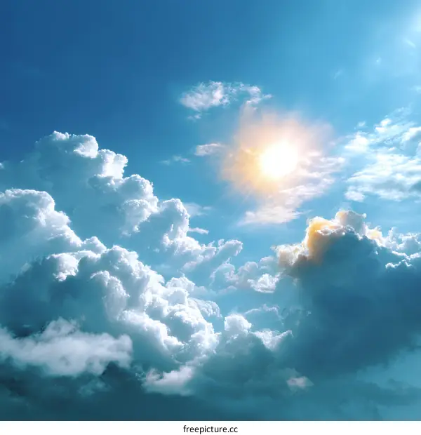 Bright Sky with Fluffy Clouds and Sunlight