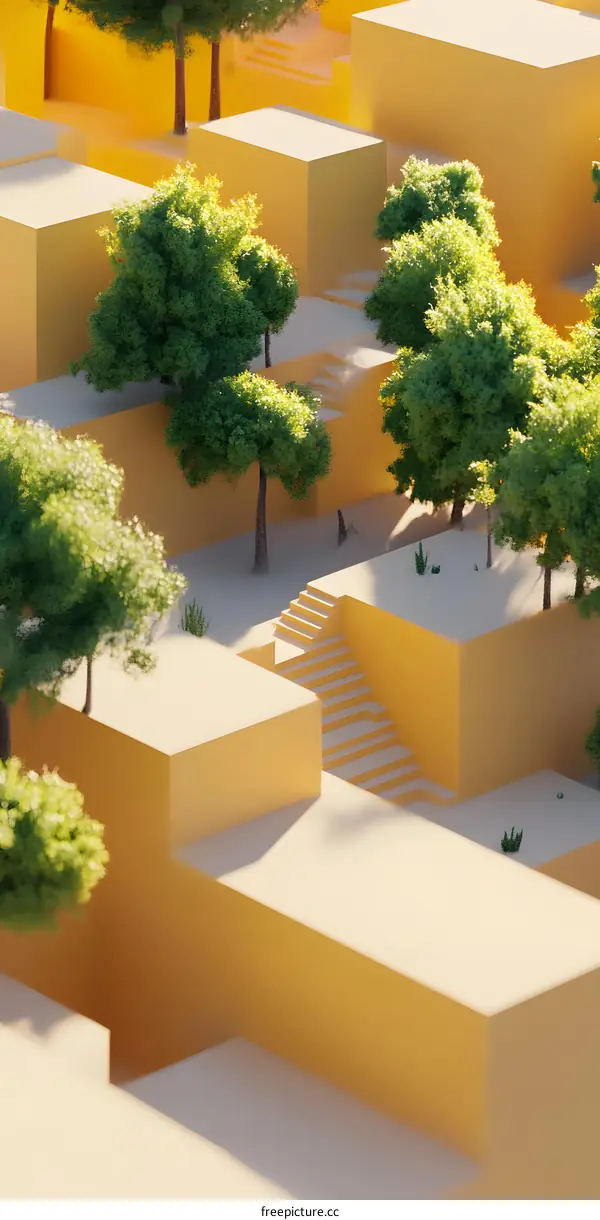 Abstract Minimalist Illustration of a 3D Landscape with Green Trees and Yellow Stairs