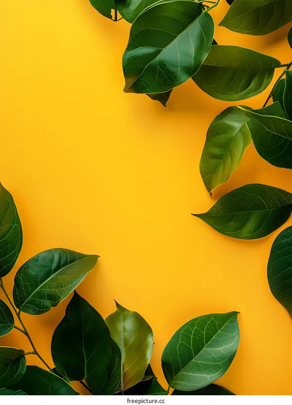Green Leaves on Yellow Background