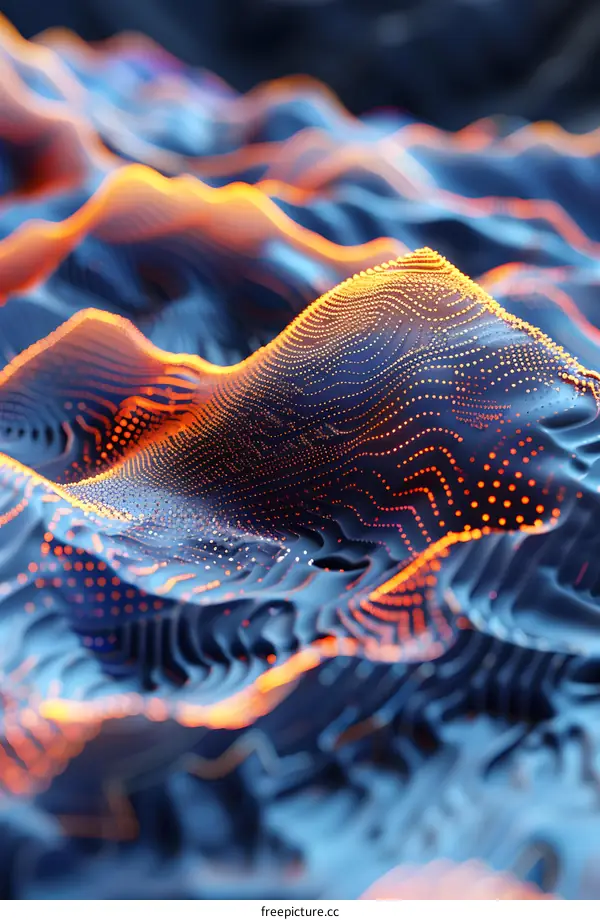 Blue and orange 3D rendering of a mountainous terrain
