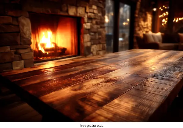 Rustic Wooden Table Top with Fireplace Background