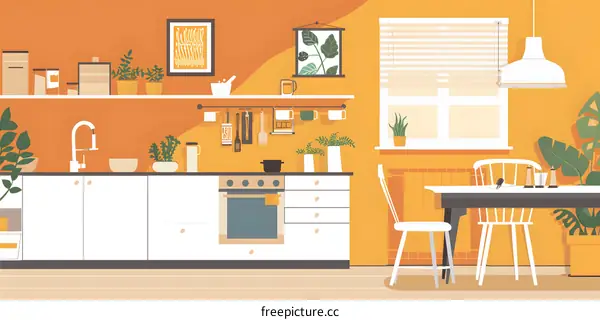 Modern Kitchen Interior Design with Yellow Walls and White Cabinets