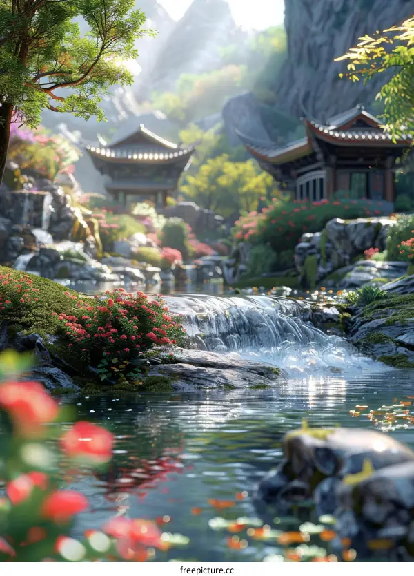 Chinese Garden with Waterfall Pavilion
