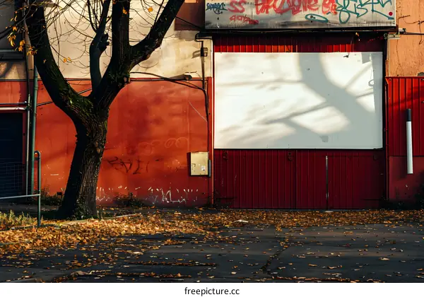 Red Garage Door With White Panel  Underneath  A Tree  In  Autumn