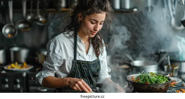 Young woman cooking in a commercial kitchen