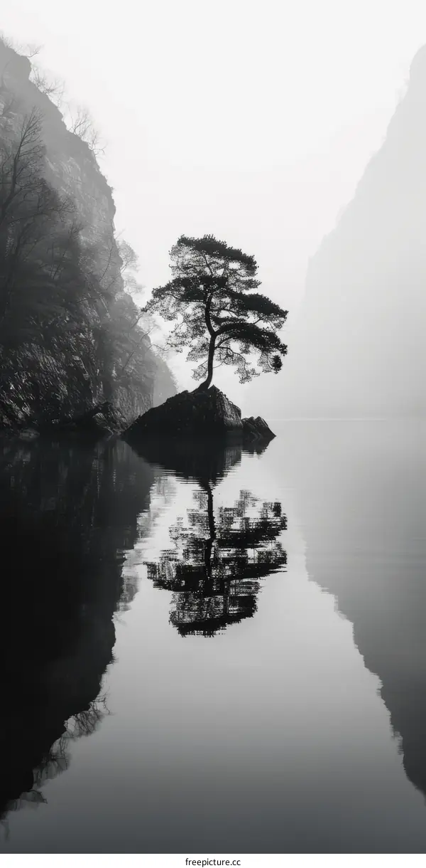 A Solitary Pine Tree In A Misty Lake