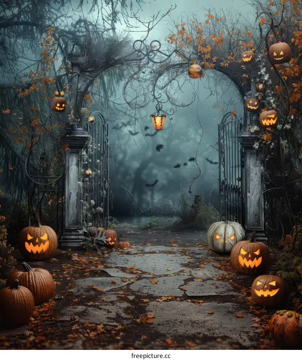 Spooky Halloween night background with creepy trees and jack o lanterns