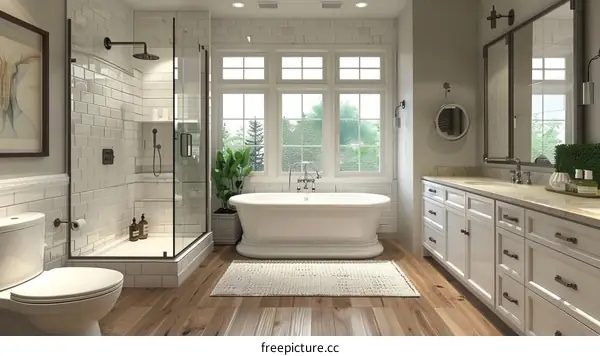 A bathroom with a large bathtub, shower and two sinks