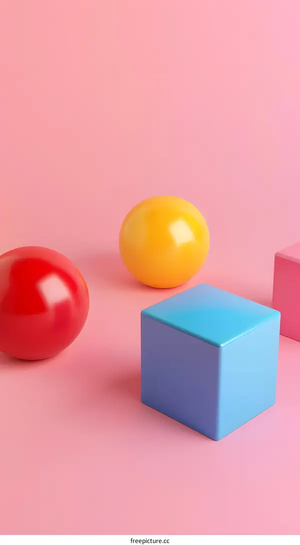 Colorful 3D Geometric Shapes on Pink Background