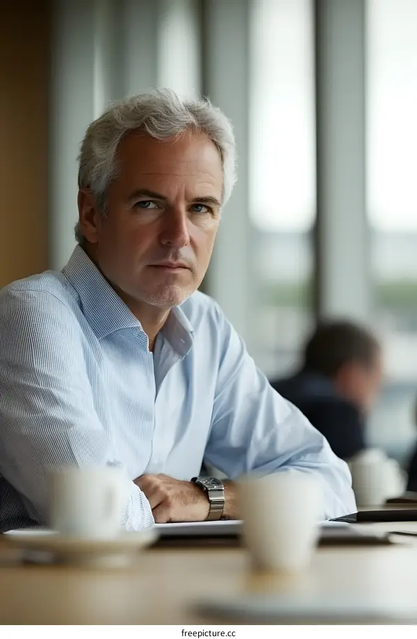 Serious Businessman Sitting at Desk With a Cup of Coffee