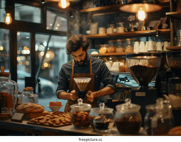 Barista making coffee with a pour over coffee maker in a coffee shop