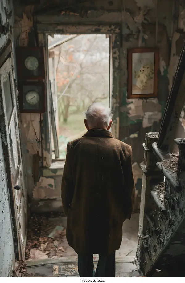 An old man standing in a ruined house