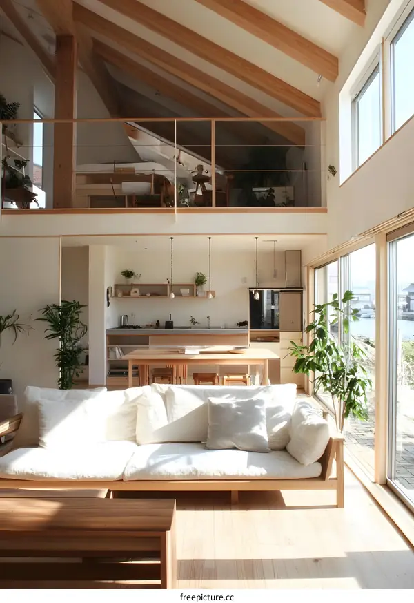 Modern Open Concept Living Room with White Sofa and Wooden Beams