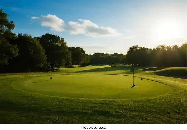 Sunlit Golf Course with Well - Maintained Green and Trees Around