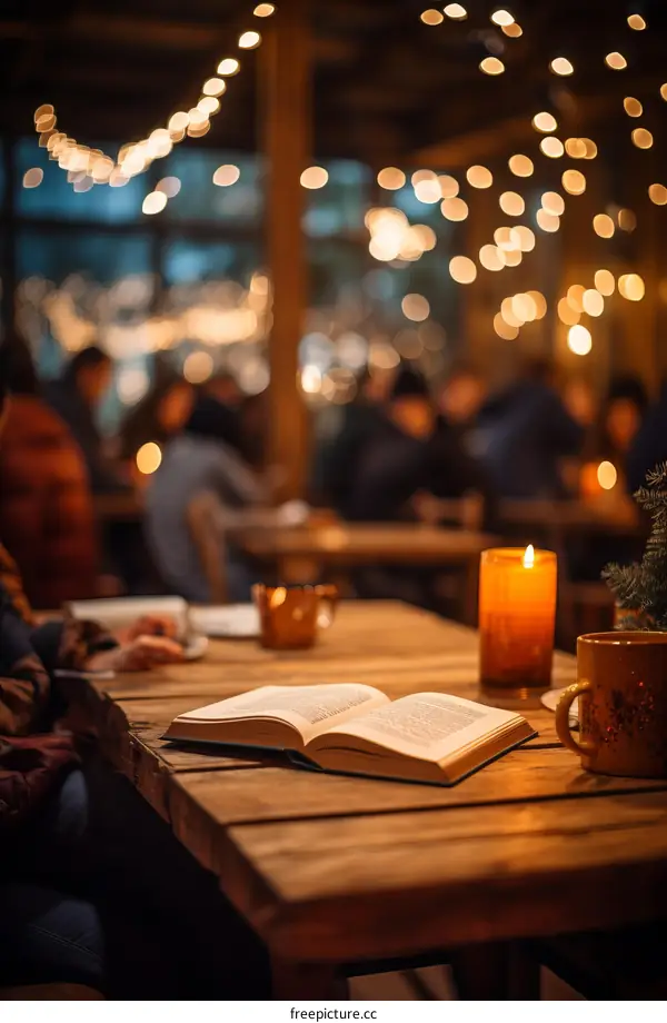 A cozy reading nook with a book, a candle, and a cup of tea