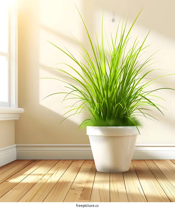 Green Plant in White Pot on Wooden Floor with Sunlight