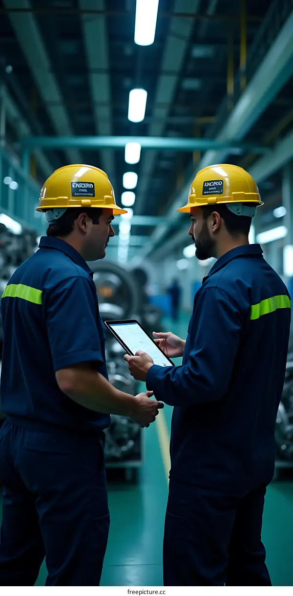 Two Workers in Hard Hats Discuss Work Using Tablet in Factory