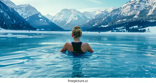 Woman in a cold lake surrounded by snow-capped mountains