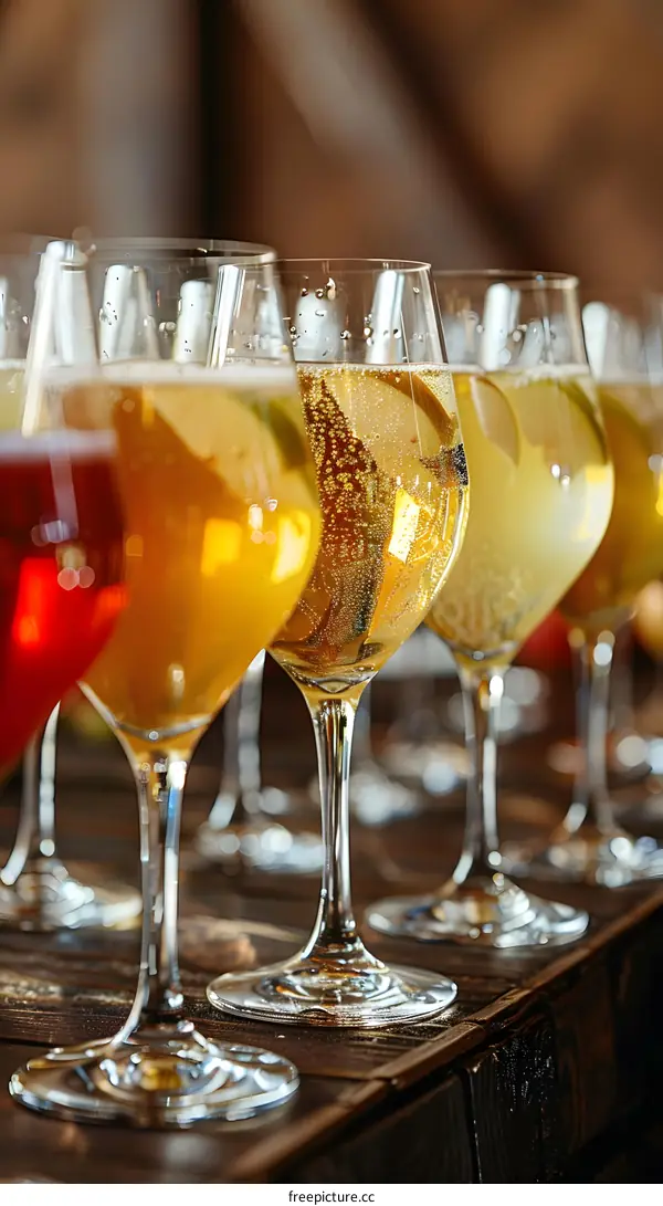 Closeup of Row of Glasses of Sparkling Wine