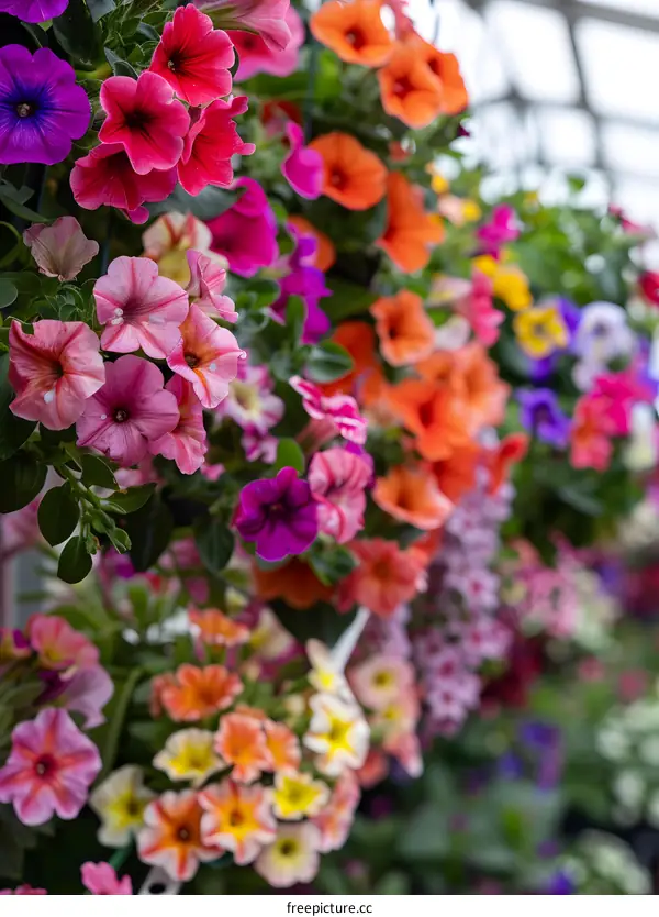 Colorful Petunia Flowers Hanging in a Greenhouse