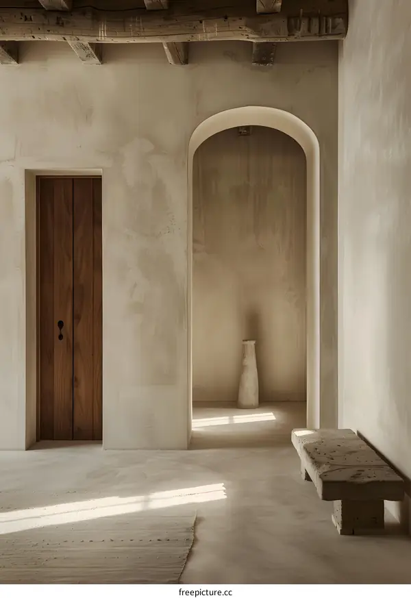 Modern Minimalist Interior Design with Arched Doorways and Stone Bench