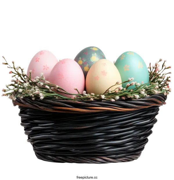 [Transparent Background PNG]Easter Eggs in a Wicker Basket Decorated with Flowers