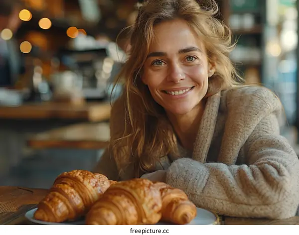 Portrait of a beautiful young woman with croissants on the table