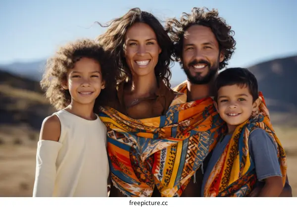 Happy family of four posing for a picture in the desert
