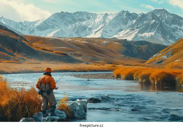 Man fly fishing in a beautiful river with snow-capped mountains in the distance