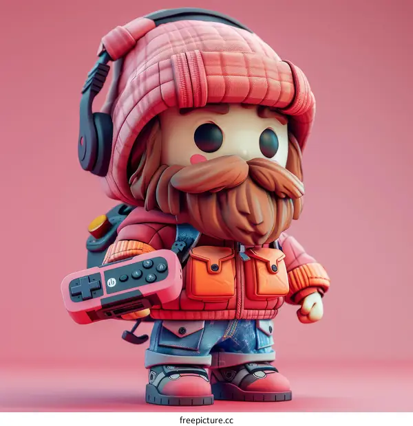 A 3D illustration of a pink and blue cartoon character wearing a winter hat and headphones