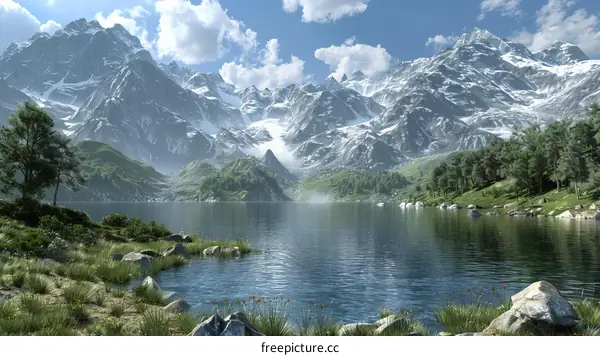 Mountains, Lake and Sky