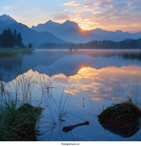 Mountains and lake at sunrise