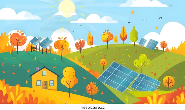 Autumn Landscape With Solar Panels And House Illustration