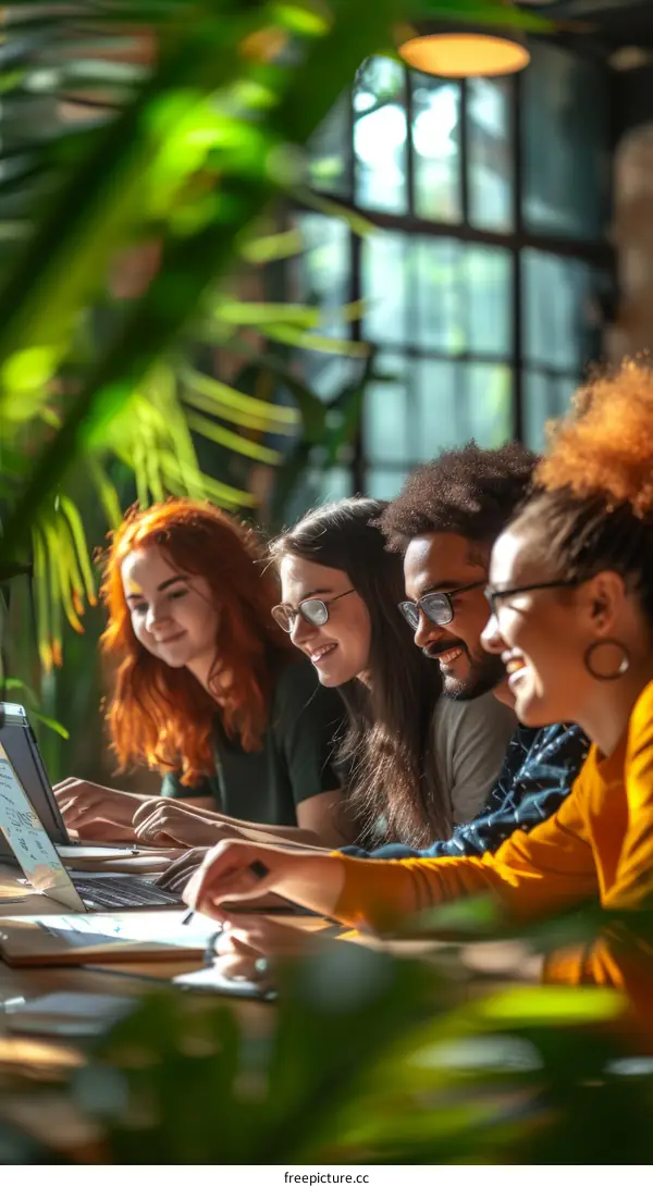 A group of four multiethnic people working together in a greenhouse
