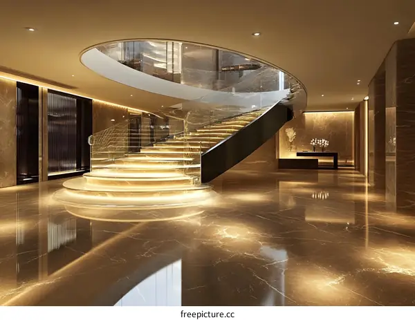 Modern Interior Design with Curved Staircase and Marble Floor