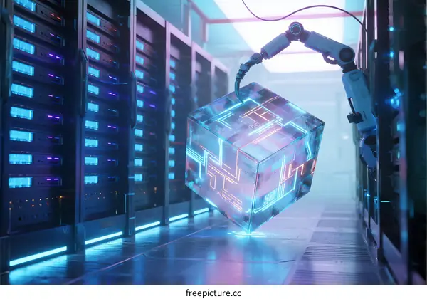 Robotic Arm Handling Holographic Data Cube in Data Center