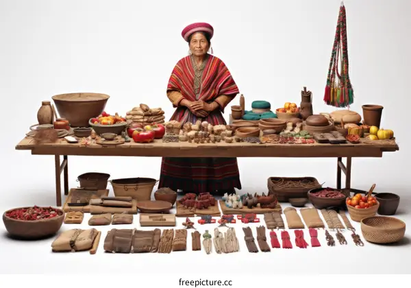 A woman in traditional Bolivian dress stands behind a table full of food and other goods.