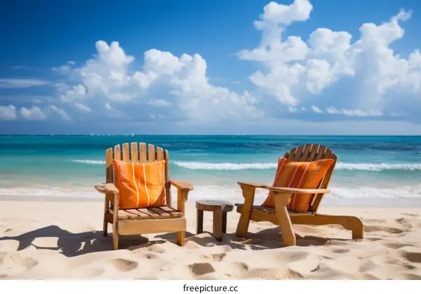Two wooden beach chairs with orange pillows sit on a sandy beach with the ocean in the background